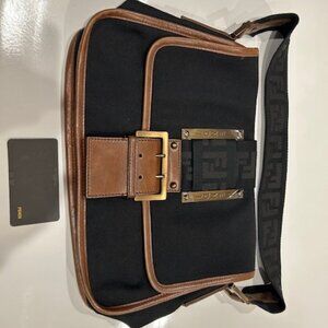 New Authentic Rare FENDI Borsa Tape Lana Buckle Black Canvas Unisex Handbag